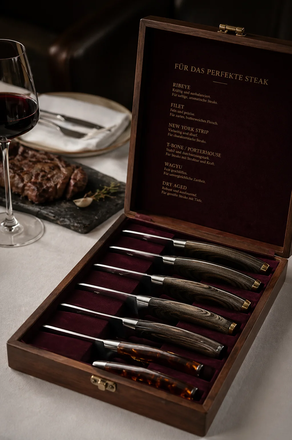 EMBER's table, Damascus steak knives presented in a velvet-lined wooden case beside a glass of red wine and a charcoal-grilled cut