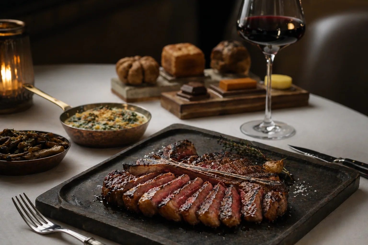 THE EMBER signature T-bone, sliced over hot stone, with house bread, dark chocolate, butter and a glass of red